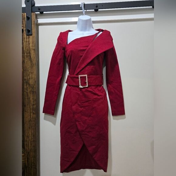 Lavish Alice RUBY Asymmetric Long Sleeve Ponte Midi Dress in Burgundy NWT size 2 - Picture 3 of 6